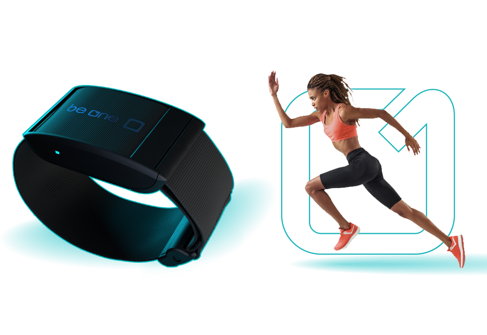 running girl with Be One armband logos, and armband picture.